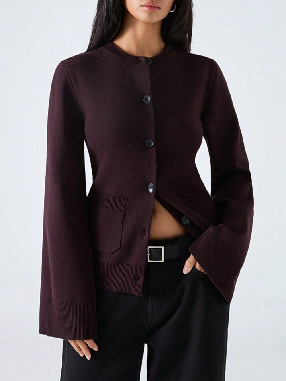 Mocha Brown Casual Women's Slim Patchwork Button-Up Cardigan Sweater - Picture 6 of 7